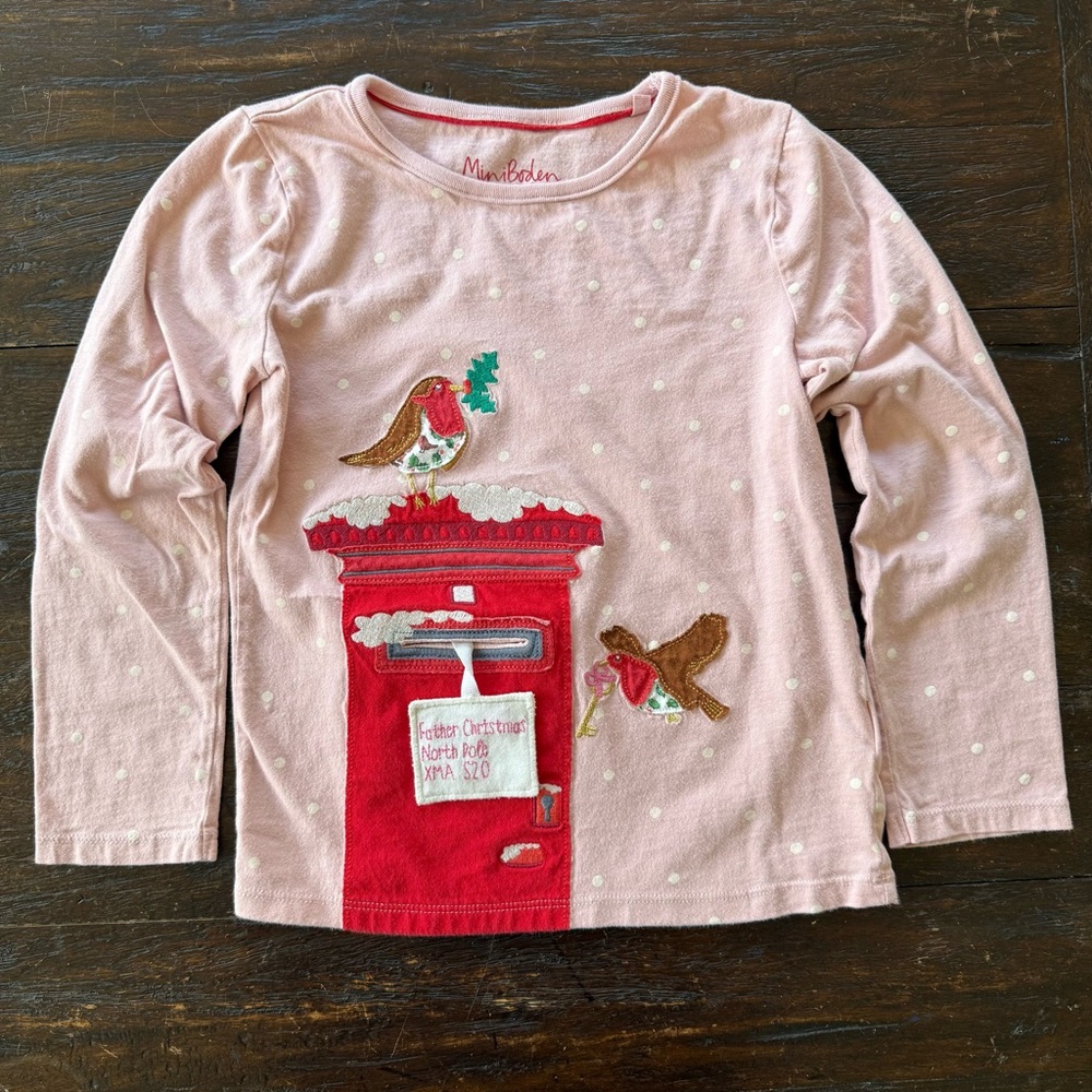 Mini Boden Letter to Santa Long Sleeve T-shirt, Pink White Polka Dots 7-8y/128cm